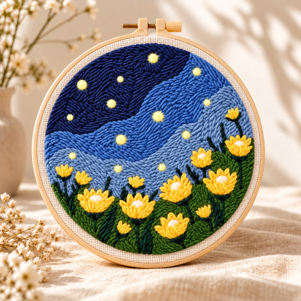 Moonlit Meadow | Finished punch needle piece in its hoop
